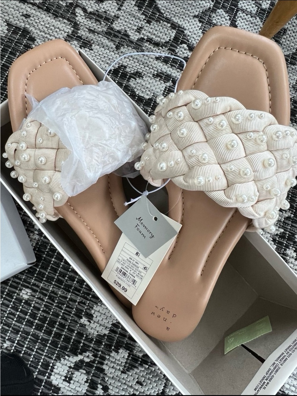 a new day Pearl-Embellished Woven Slide Sandals in Beige